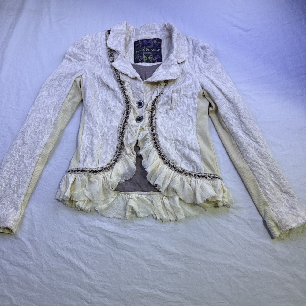 Free People Boho Romantic Cream Colored Ruffle Embroidered Blazer Jacket Sz 0/XS